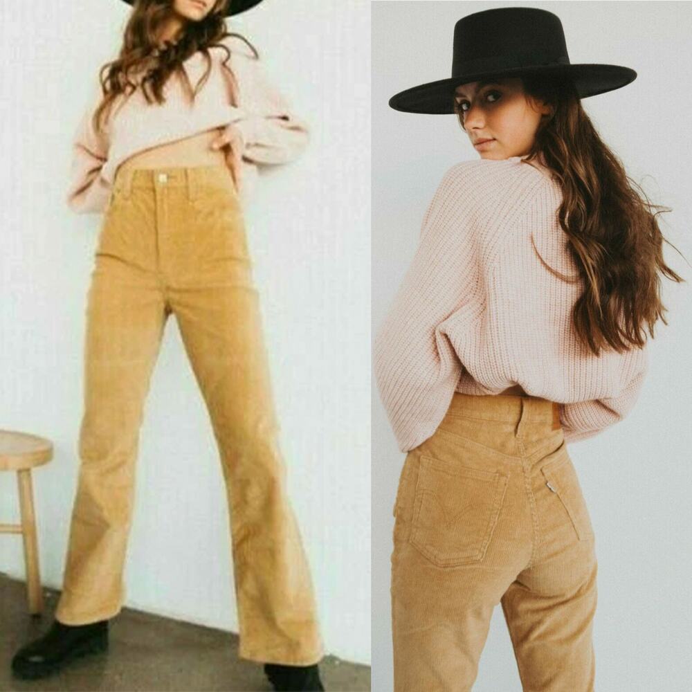 Levi's Premium Ribcage Boot Corduroy Pants Tan Camel Size 27 High Rise